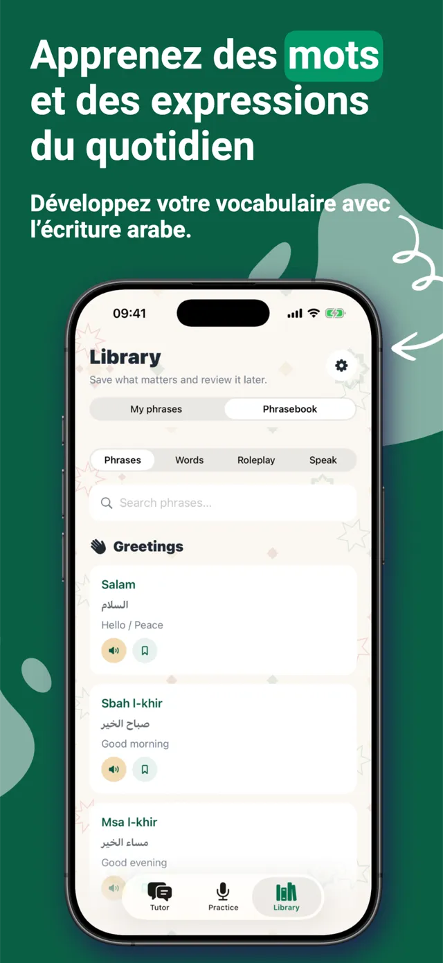 Carnet de phrases SayDarija avec écriture arabe et audio